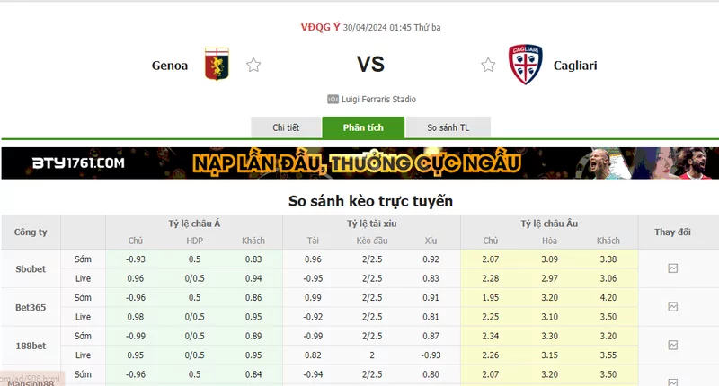 Nhận định soi kèo châu Á – Genoa vs Cagliari